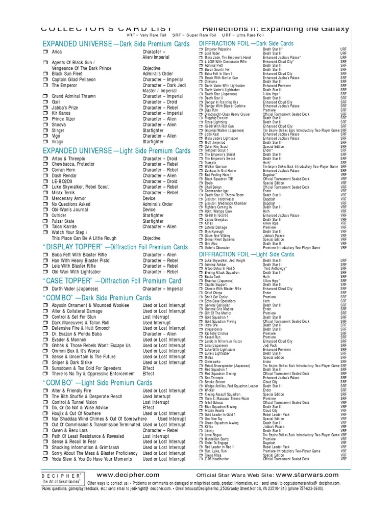 Star Wars CCG Cards 10 Reflections II Card List PDF Luke