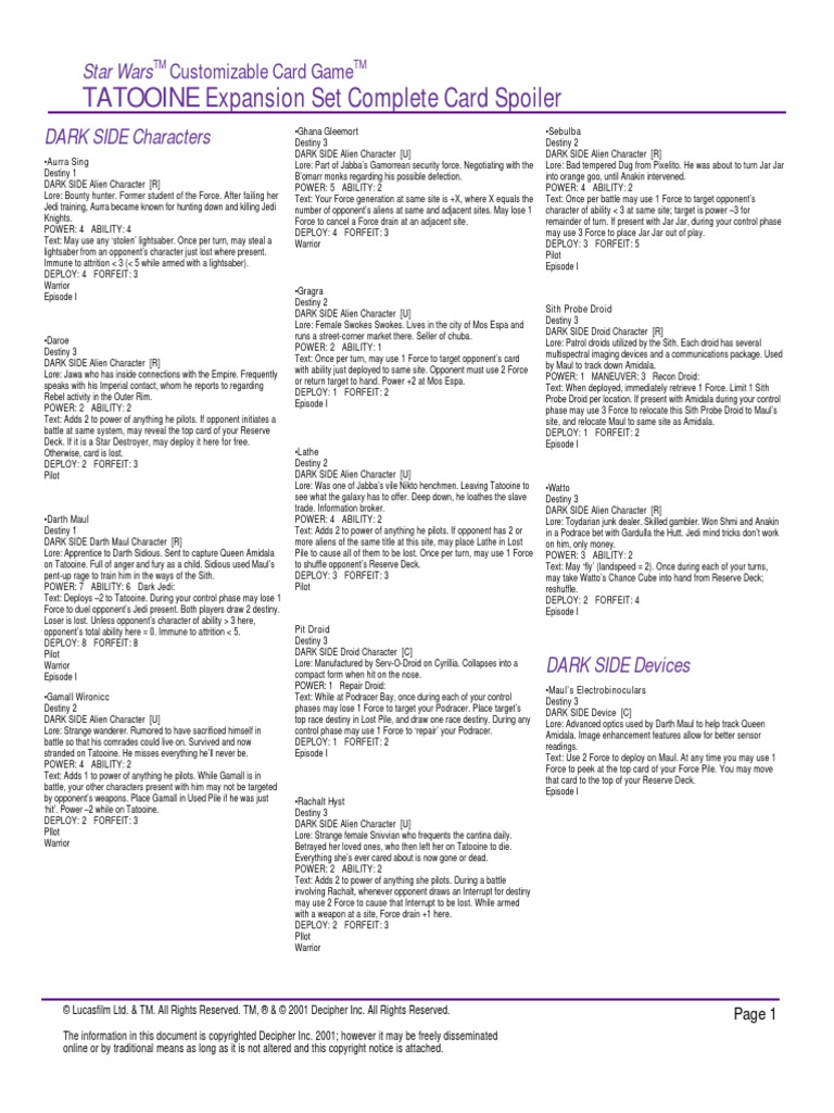 star wars ccg card list excel