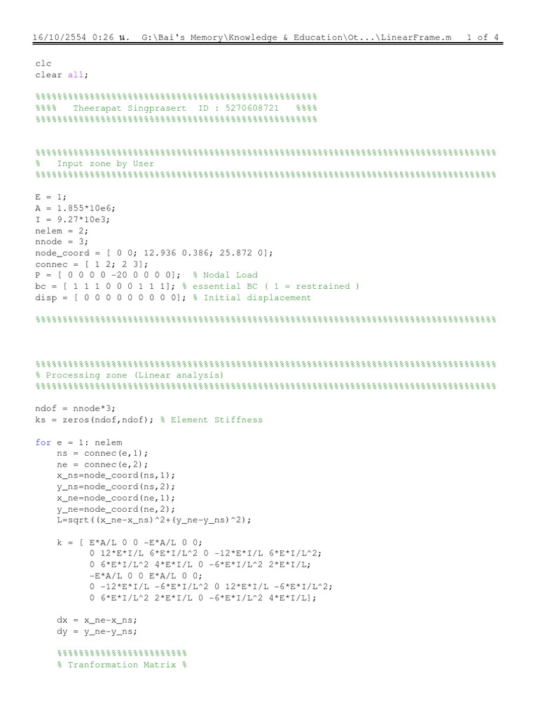 MATLAB Frame Analysis Programing Code PDF Mathematical Analysis