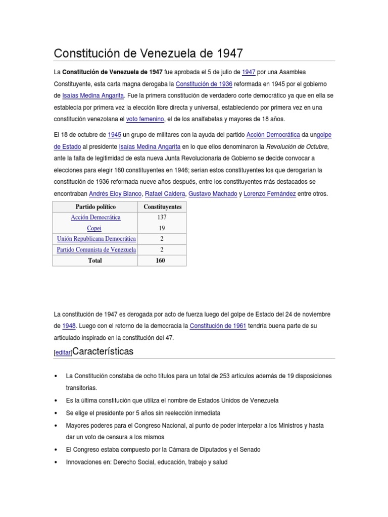 Constitución de Venezuela de 1947 PDF Venezuela Constitución