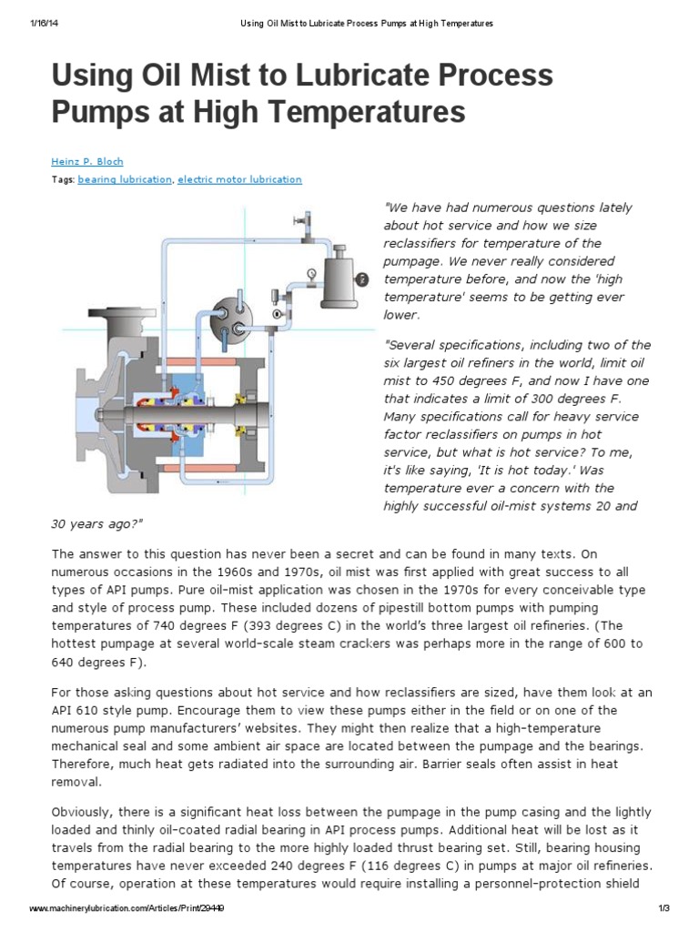 Using Oil Mist to Lubricate Process Pumps at High Temperatures
