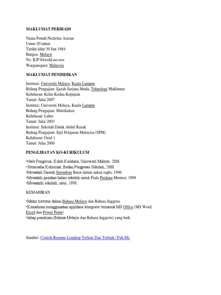 Contoh Resume Memohon Kerja Bahasa Melayu Pdf