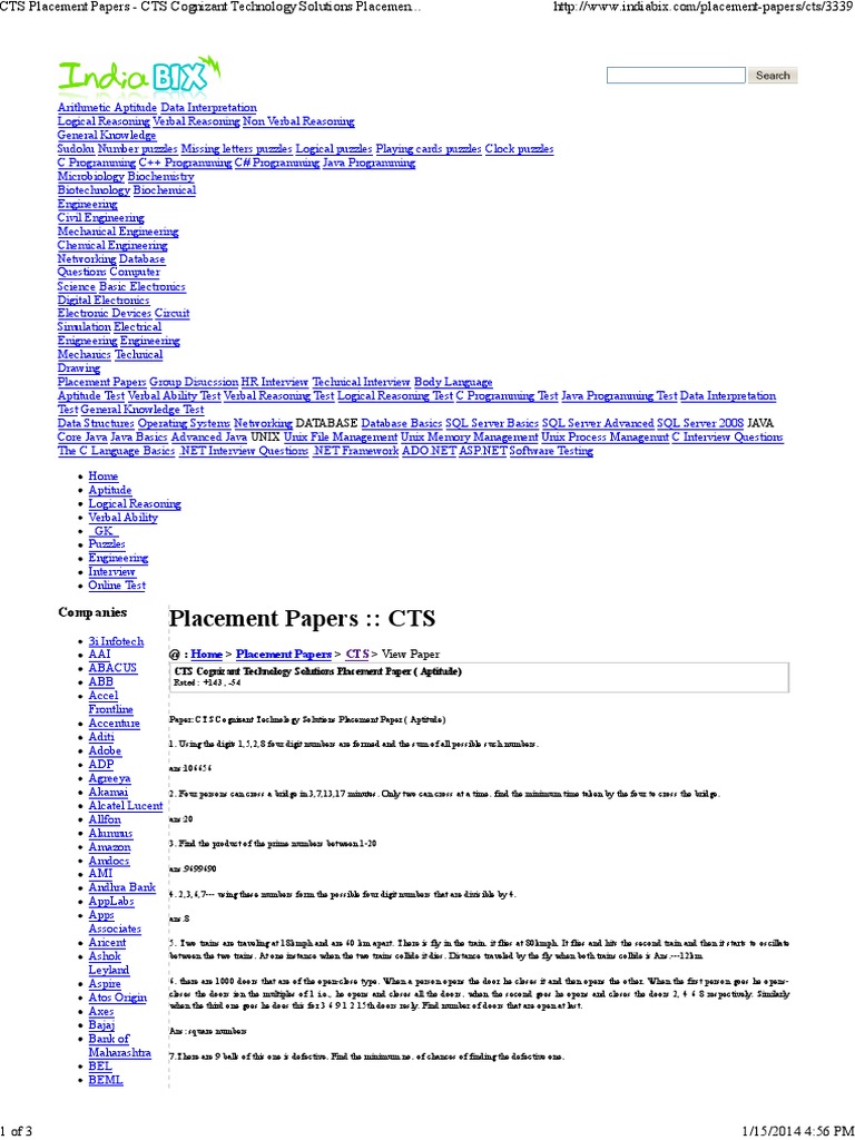 CTS Placement Papers CTS Cognizant Technology Solutions Placement Paper Aptitude ID 3339