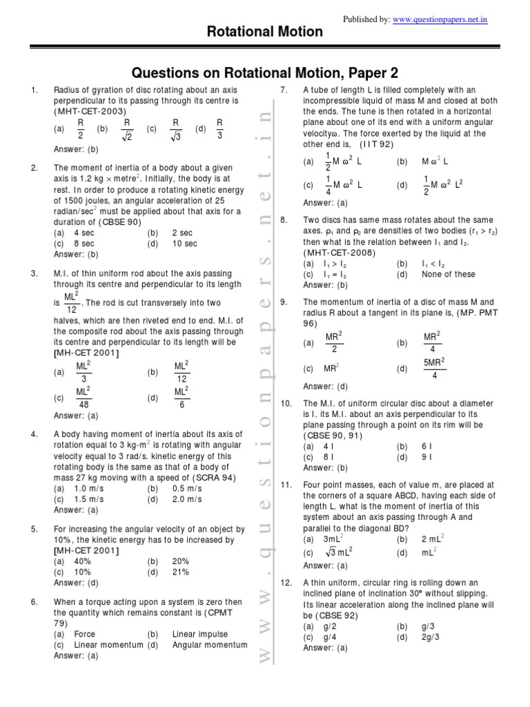 JEE Advanced 2016 Rotational Motion Questions | PDF | Rotation Around A ...
