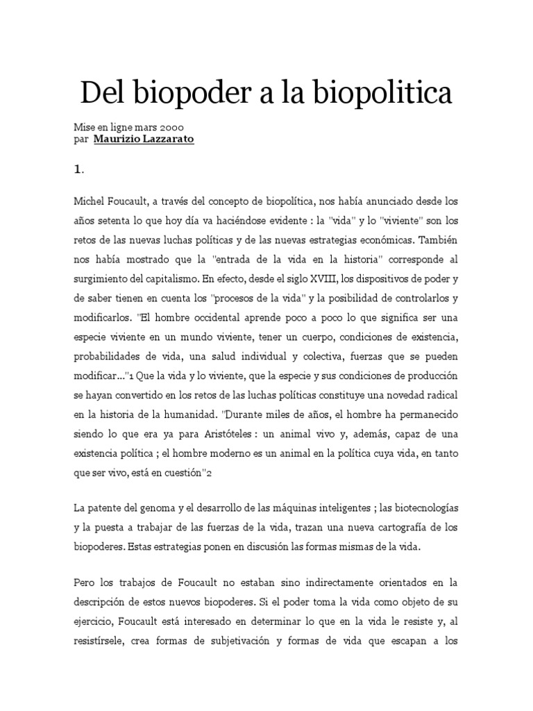 Biopoder y biopolítica en Foucault | PDF | Michel Foucault | Libertad
