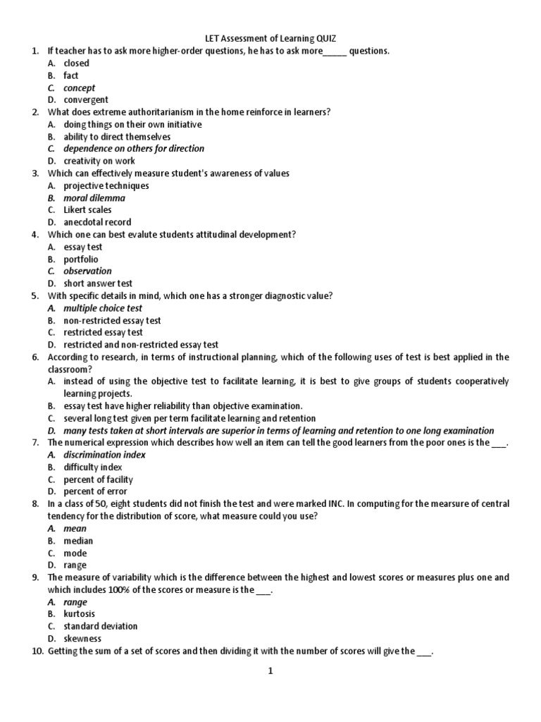 LET Assessment Quiz for Educators | PDF | Intellectual Giftedness ...