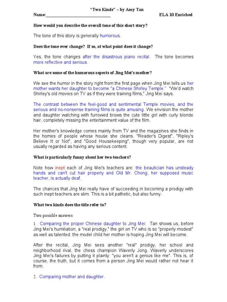 Two Kinds By Amy Tan Answers