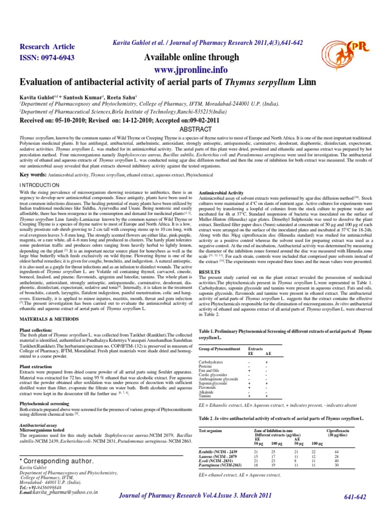 Antibakterijska Timus Serpilum PDF Thyme Antibiotics