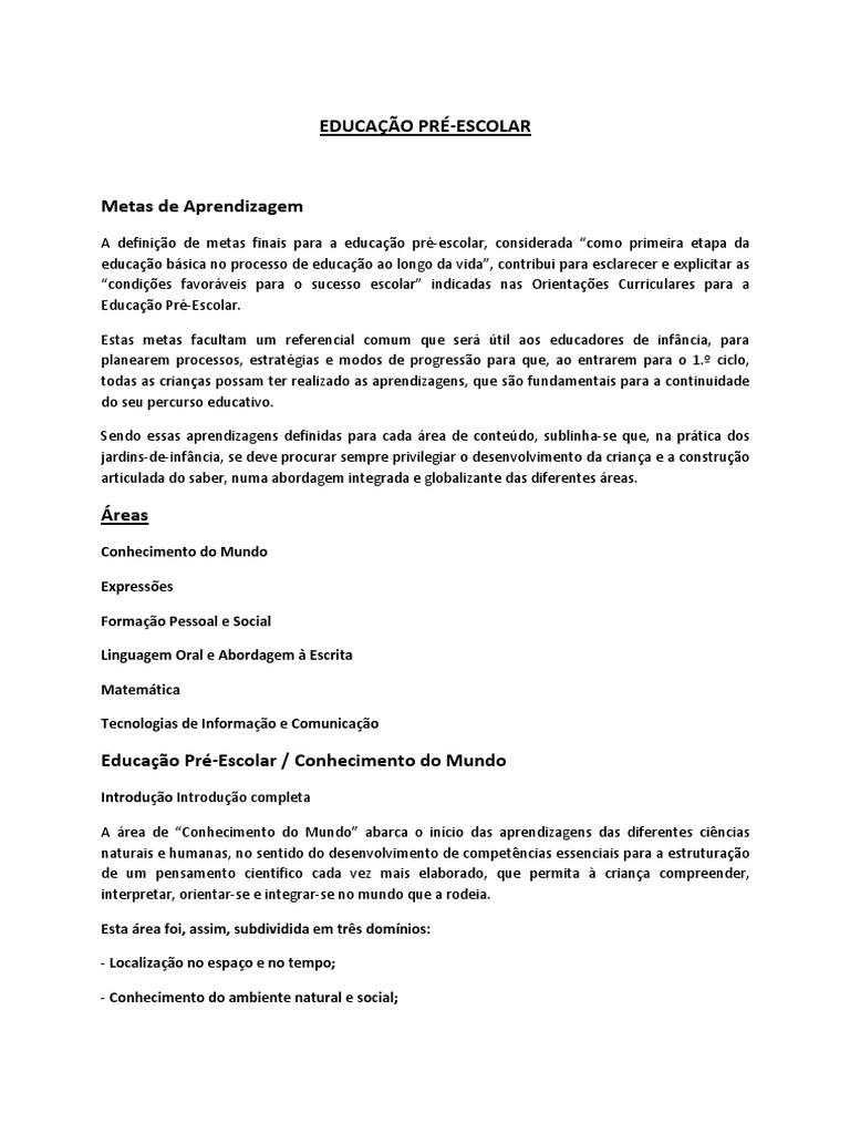 Metas de Aprendizagem na Educação Pré-Escolar | PDF | Ciências Sociais