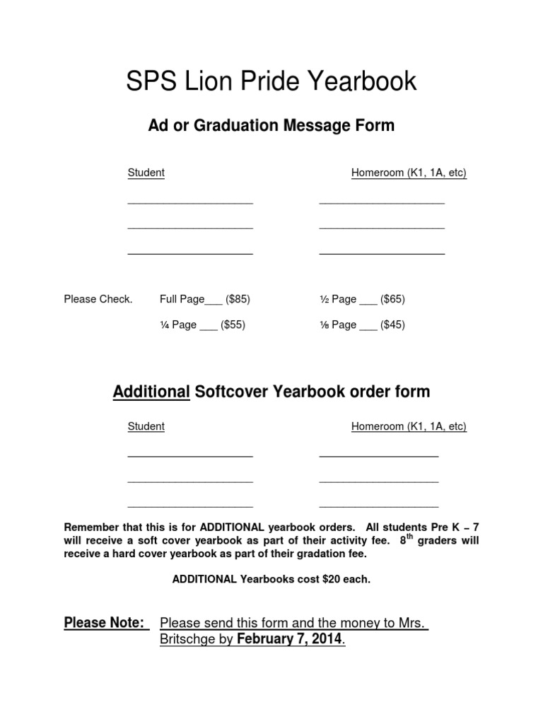 SPS Lion Pride Yearbook Order Form | PDF | Finance & Money Management
