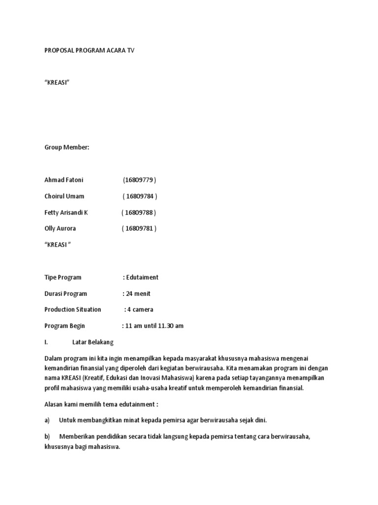 Proposal Program TV "KREASI" Edukasi Wirausaha | PDF