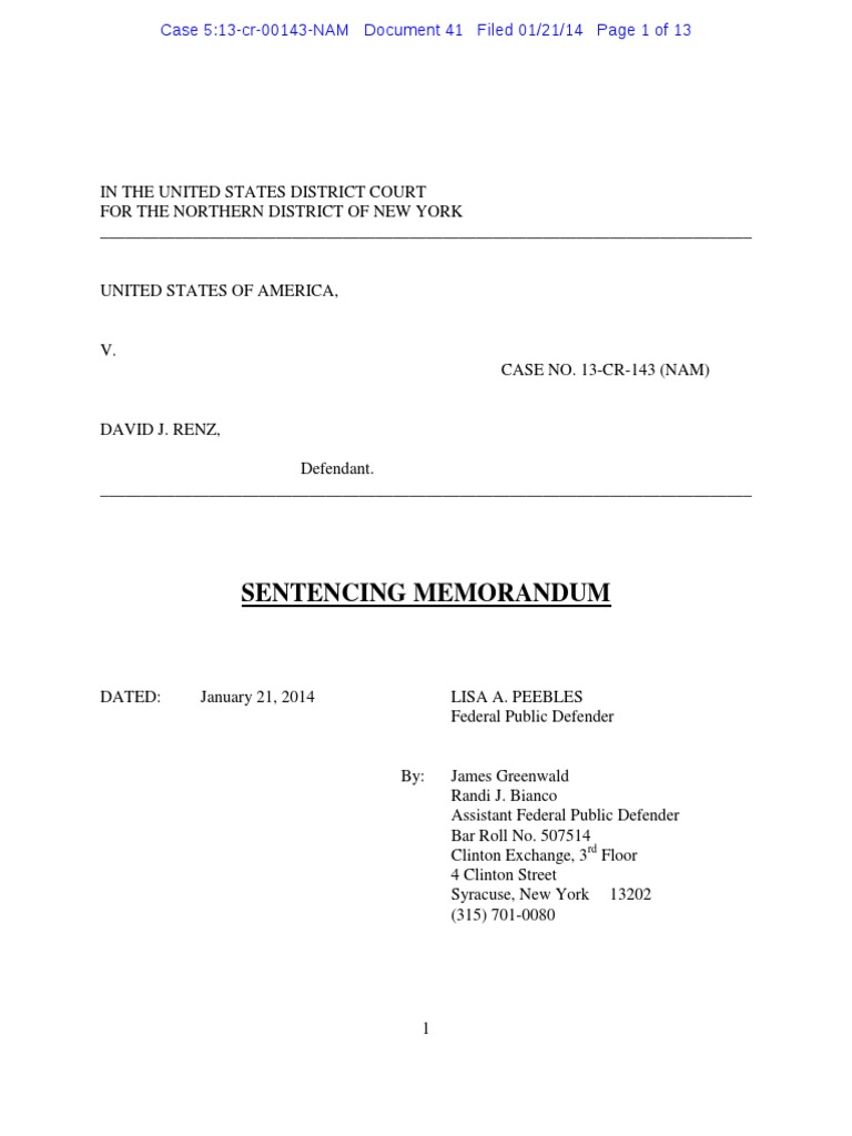 David Renz Defense Federal Sentencing Memorandum PDF United States