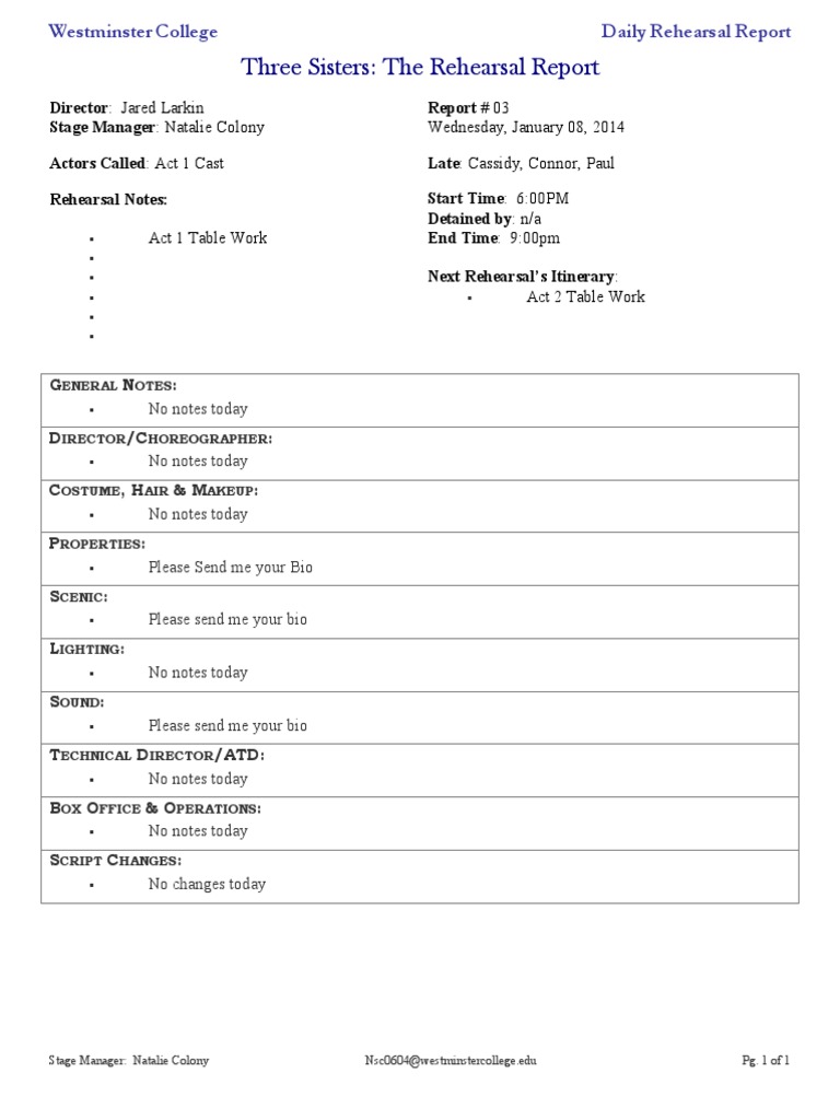 Rehearsal Report Template  PDF Throughout Rehearsal Report Template
