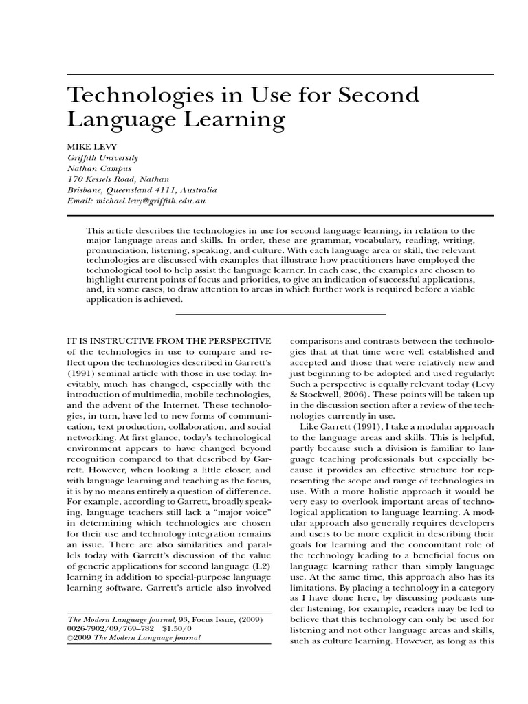 Technologies in Use For Second Language Learning. by Mike Levy | PDF ...