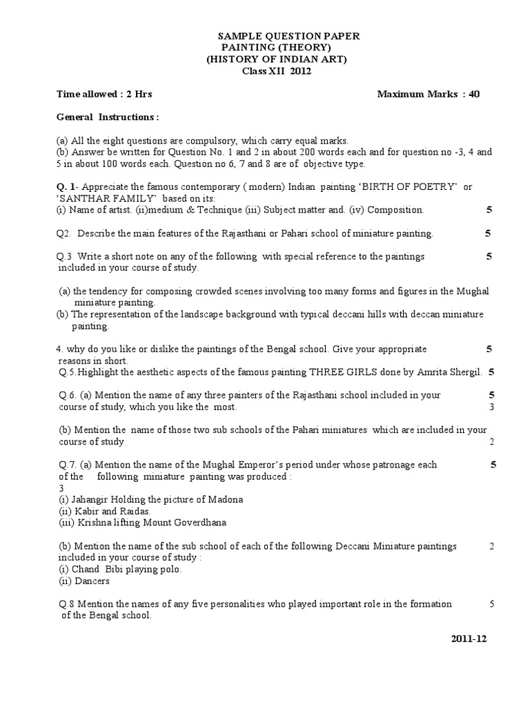Sample Paper CBSE Class XII Painting for 2012 Paintings Art Media