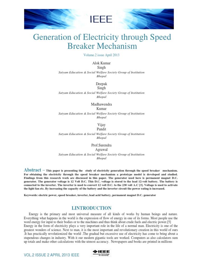 Generation of Electricity Through Speed Breaker Mechanism PDF