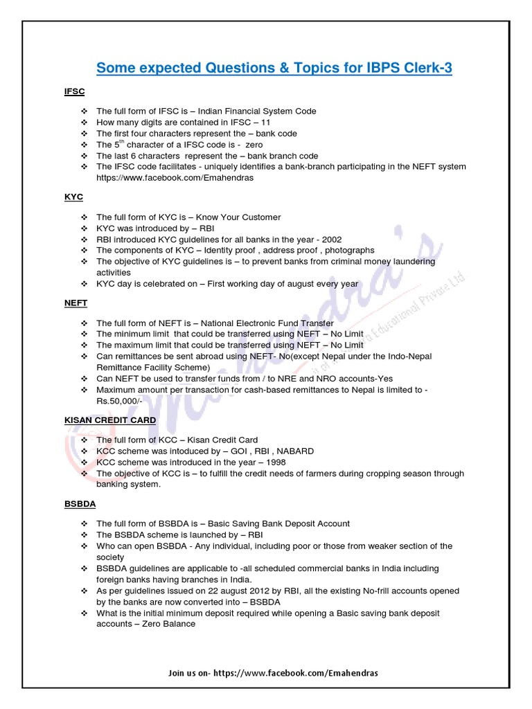 Some Expected Questions & Topics For IBPS Clerk-3 | PDF