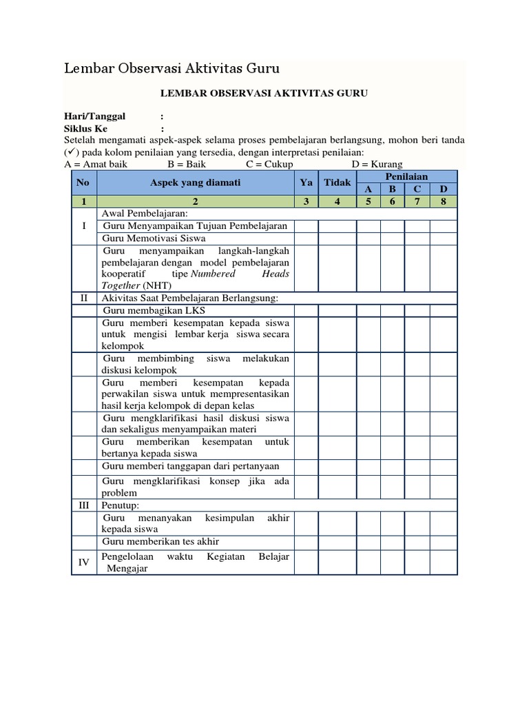 Lembar Observasi Aktivitas Siswa Pdf