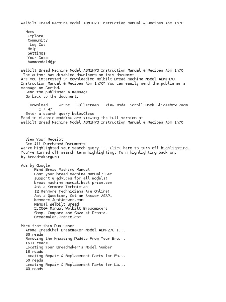 Welbilt Bread Machine Model Abm1h70 Instruction Manual & Recipes Abm