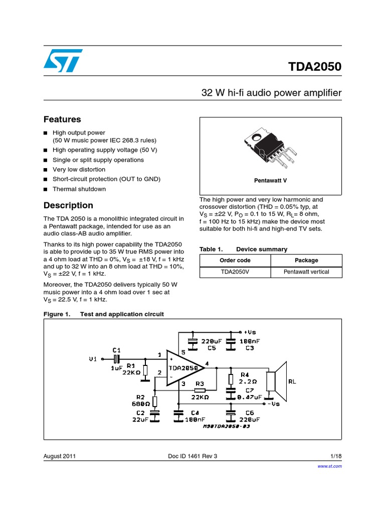TDA2050 - Datasheet | PDF | Amplifier | Resistor
