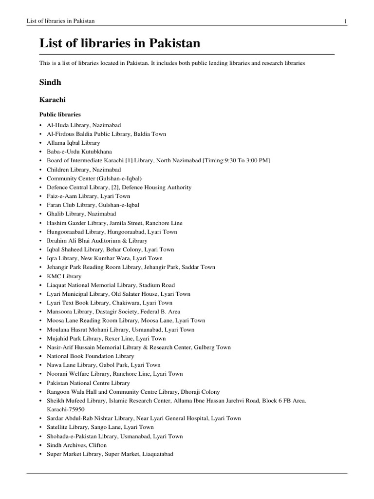 List of Libraries in Pakistan PDF Karachi Pakistan