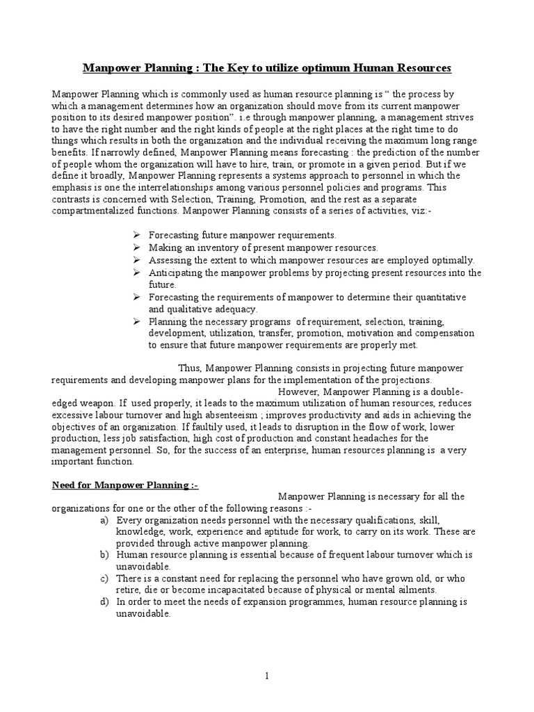Manpower Planning: The Key To Utilize Optimum Human Resources | PDF