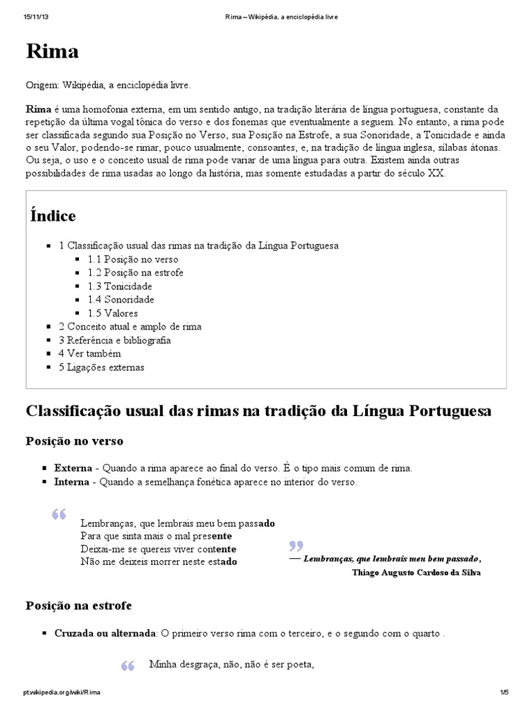 Rima - Wikipédia, A Enciclopédia Livre | PDF | Rima | Recursos poéticos