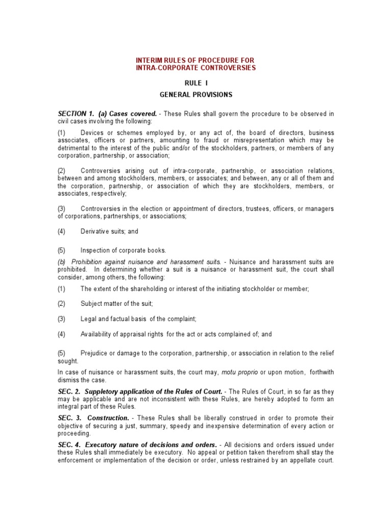 Rules of Procedure Intra Corporate Dispute PDF Pleading Complaint