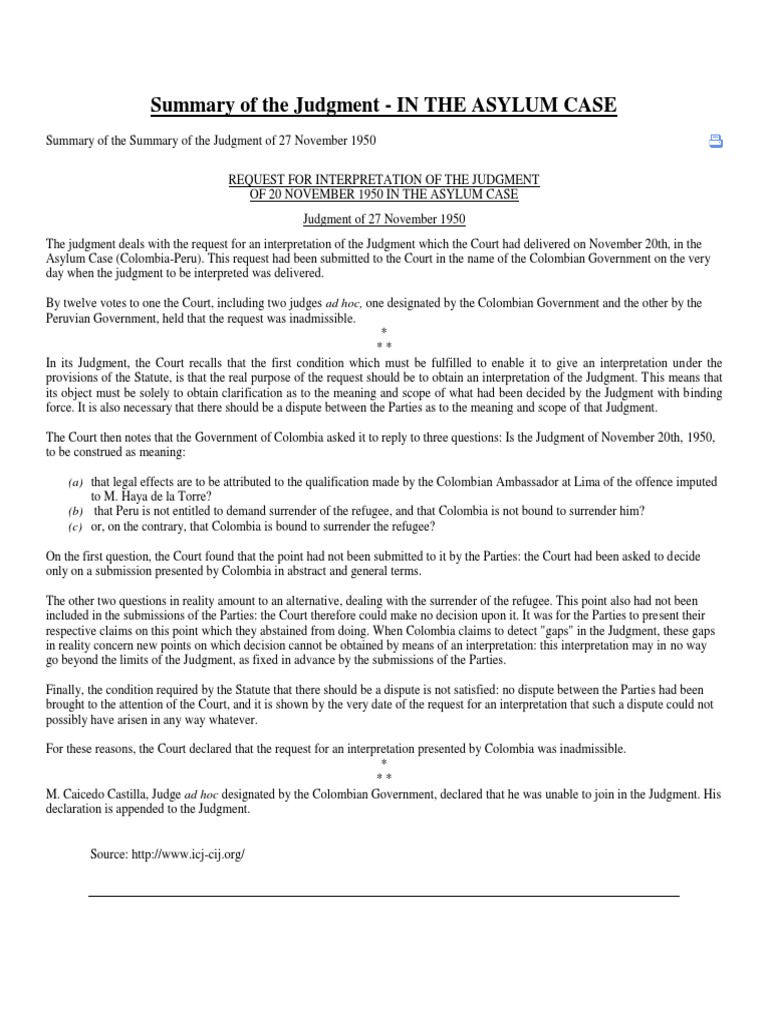 Summary of the Judgment In the ASYLUM CASES Right Of Asylum