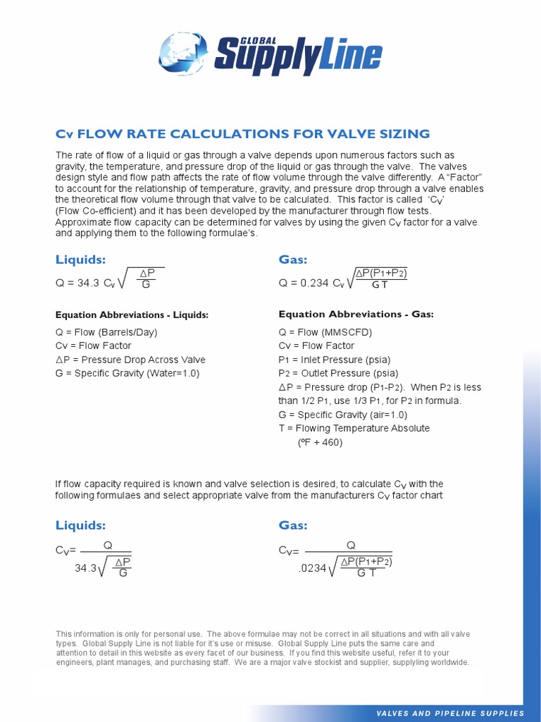 CV Flow Rate Valve Sizing | PDF | Technology & Engineering