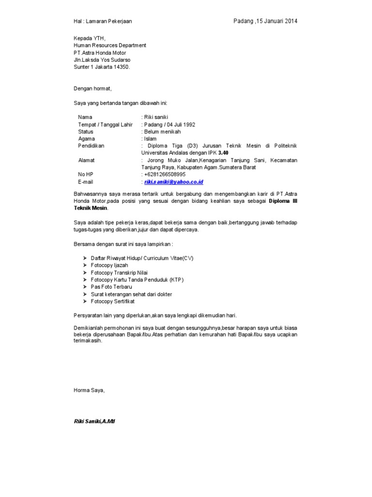 10 Surat Lamaran Kerja Astra Honda Motor