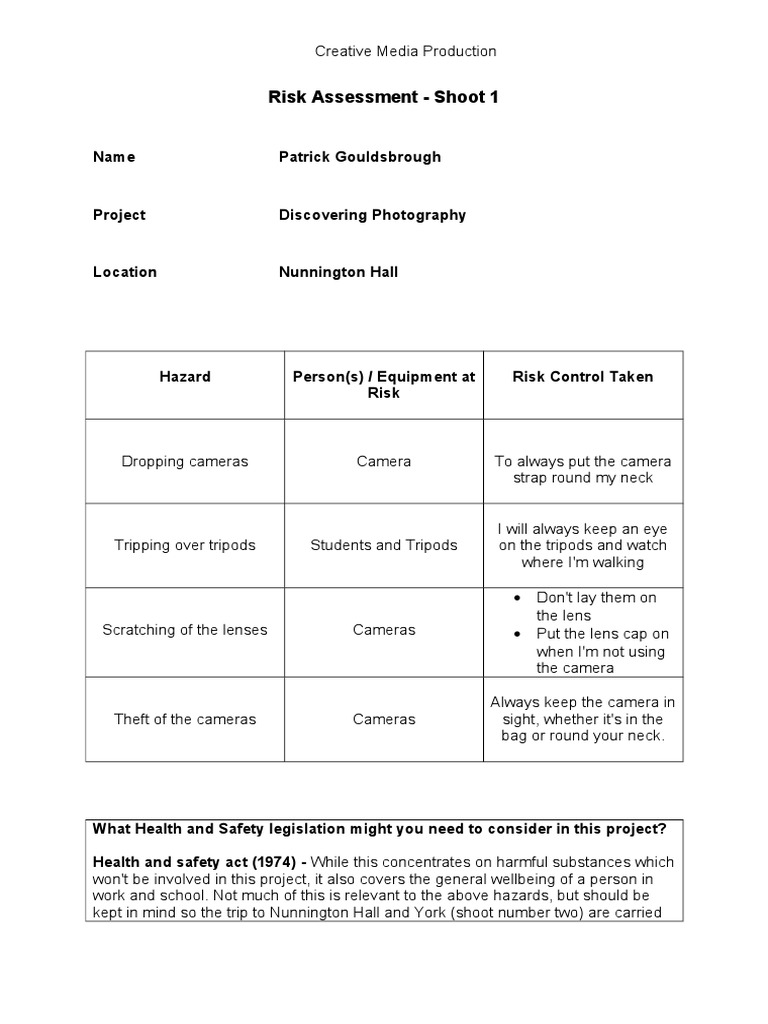Risk Assessment Shoot 1 PDF Tripod (Photography) Occupational Safety And Health