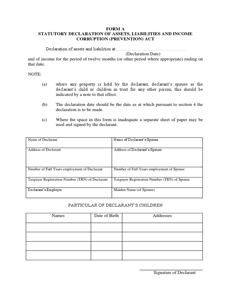 FORM a - Statutory Declaration of Assets, Liabilities and ...