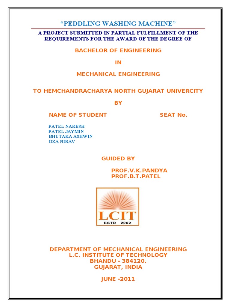 Project Report Peddling Washing Machine PDF Washing Machine