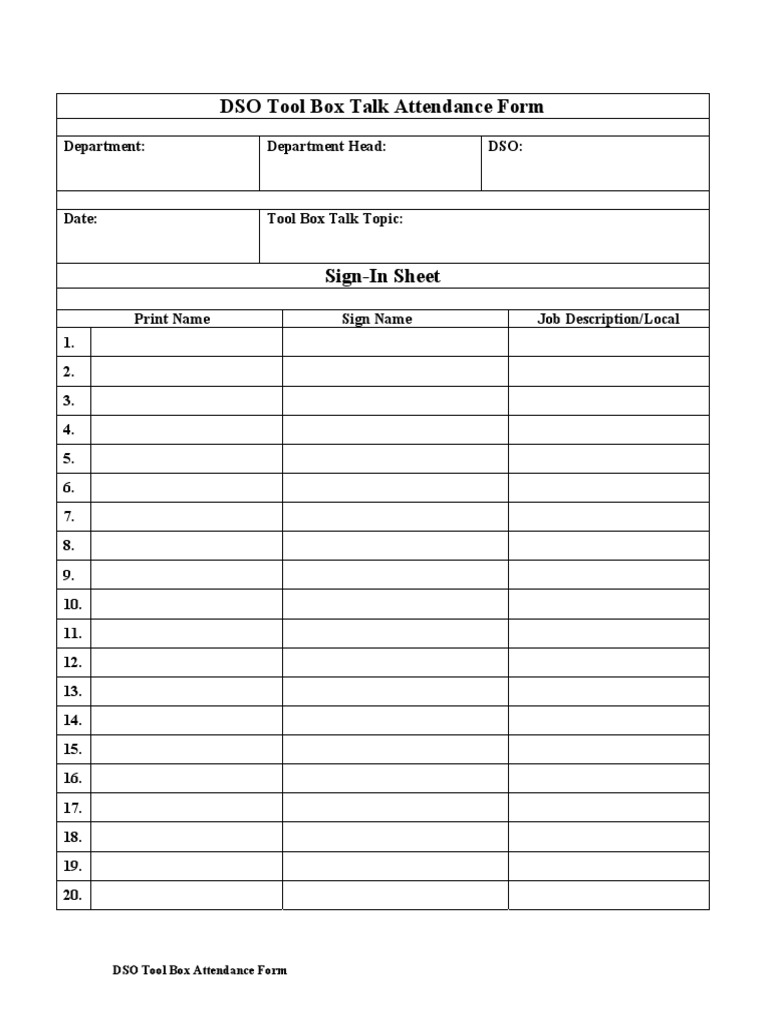 DSO Tool Box Talk Attendance Form | PDF