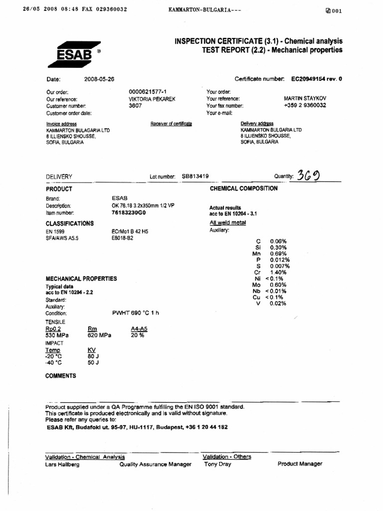 Esab Nspecflon Certificate (3.1) Ghemical Analysis Test (2.21Mechanical Properties PDF