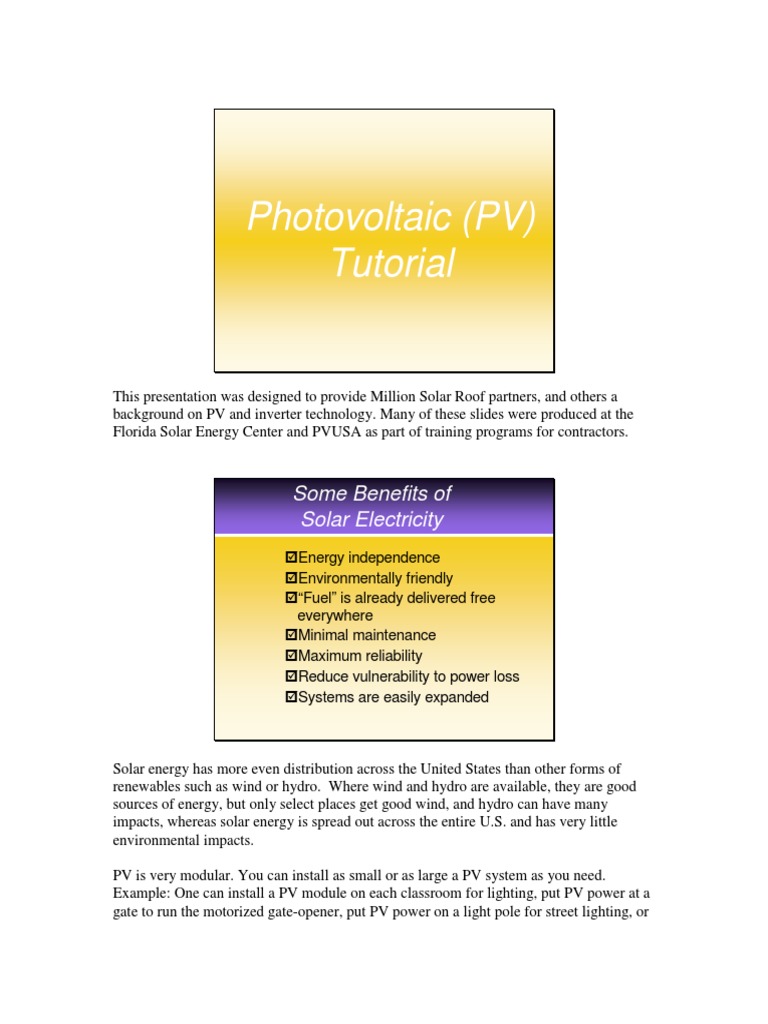Photovoltaic (PV) Tutorial: Some Benefits of Solar Electricity | PDF ...