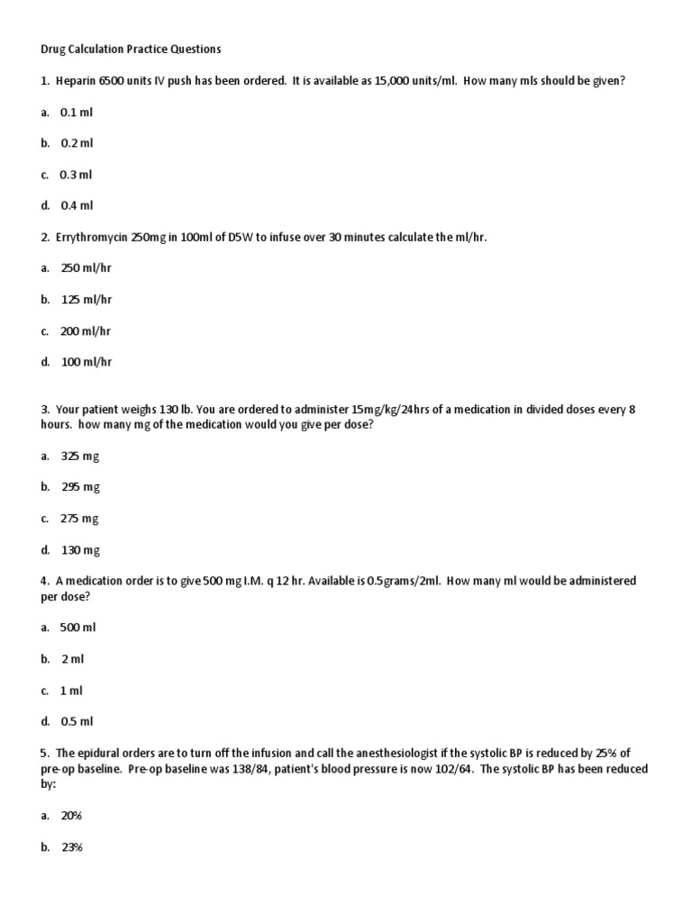 Drug Calculation Practice Questions Docx Intravenous Therapy Dose Biochemistry