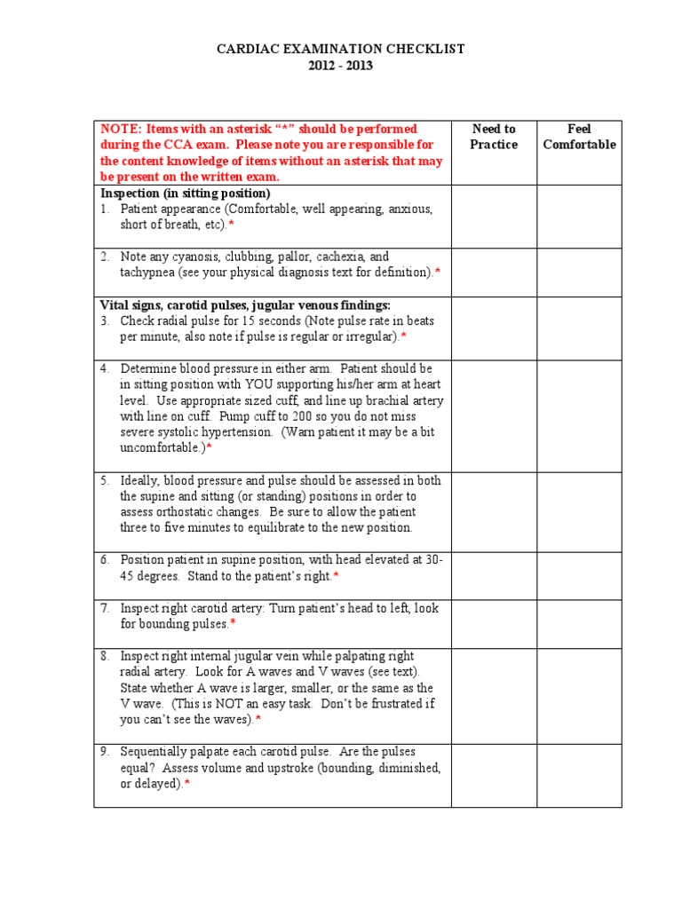 Cardiac Examination Checklist 2012-2013 | PDF | Pulse | Heart
