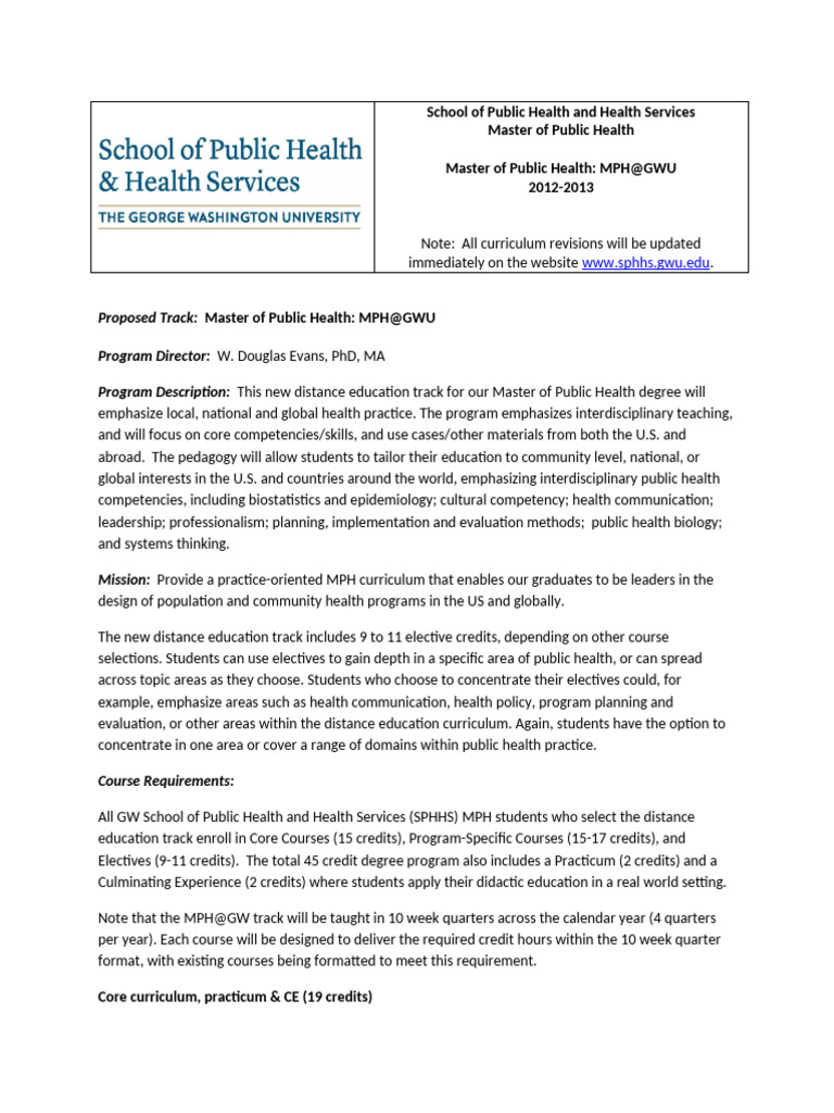 MPHGW Curriculum PDF Health System Public Health