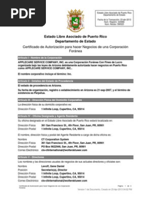 Certificado De Autorizacion Para Hacer Negocios Applecare Service Company Inc Pdf Corporaciones Puerto Rico