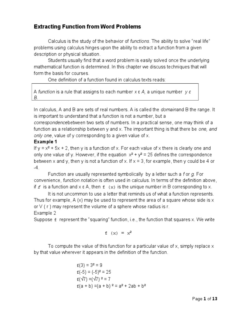 Extracting Functions from Word Problems | PDF | Area | Volume