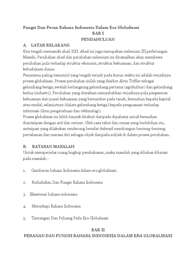 Fungsi Dan Peran Bahasa Indonesia Dalam Era Globalisasi