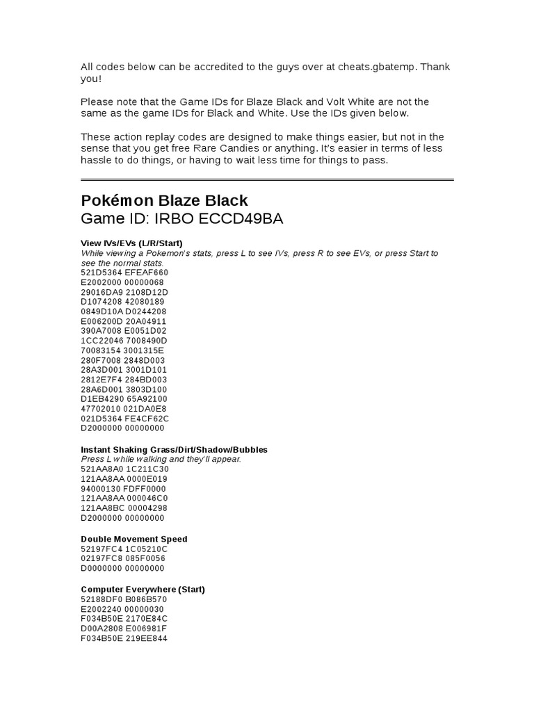 Pokemon Black Cheats - Action Replay Codes For NDS