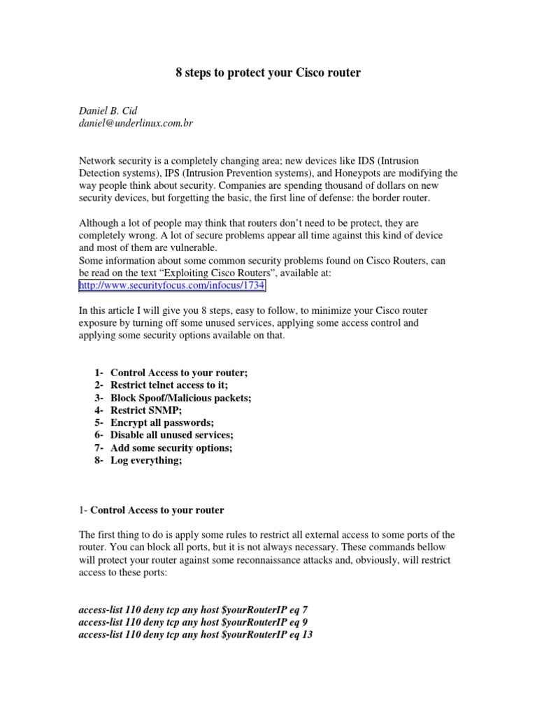 Securing Your Cisco Router: 8 Steps | PDF | Ip Address | Router (Computing)