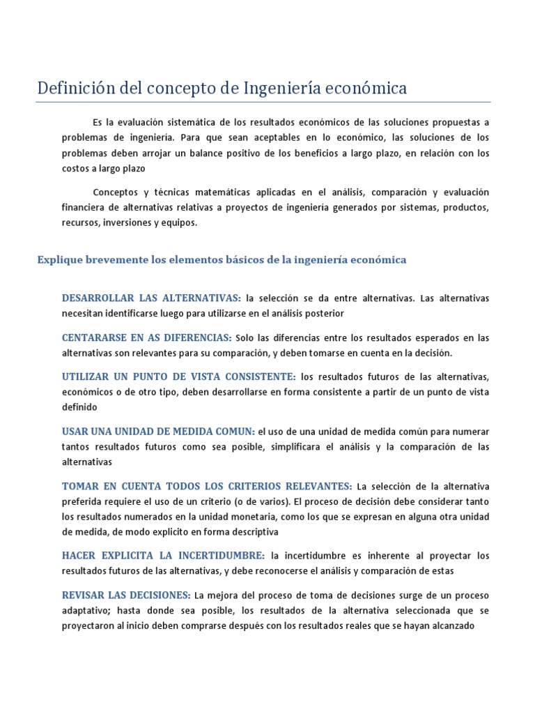 Definición del concepto de Ingeniería económica y Diagrama