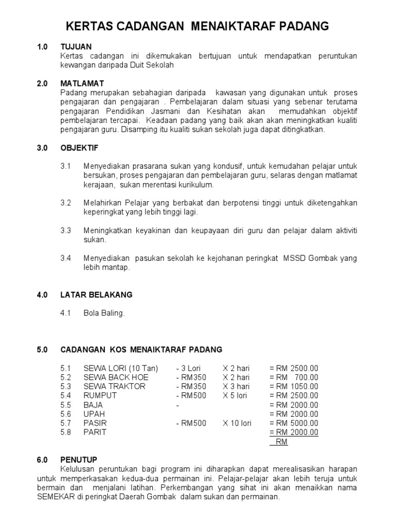 Menaik Taraf Contoh Kertas Kerja Permohonan Peruntukan