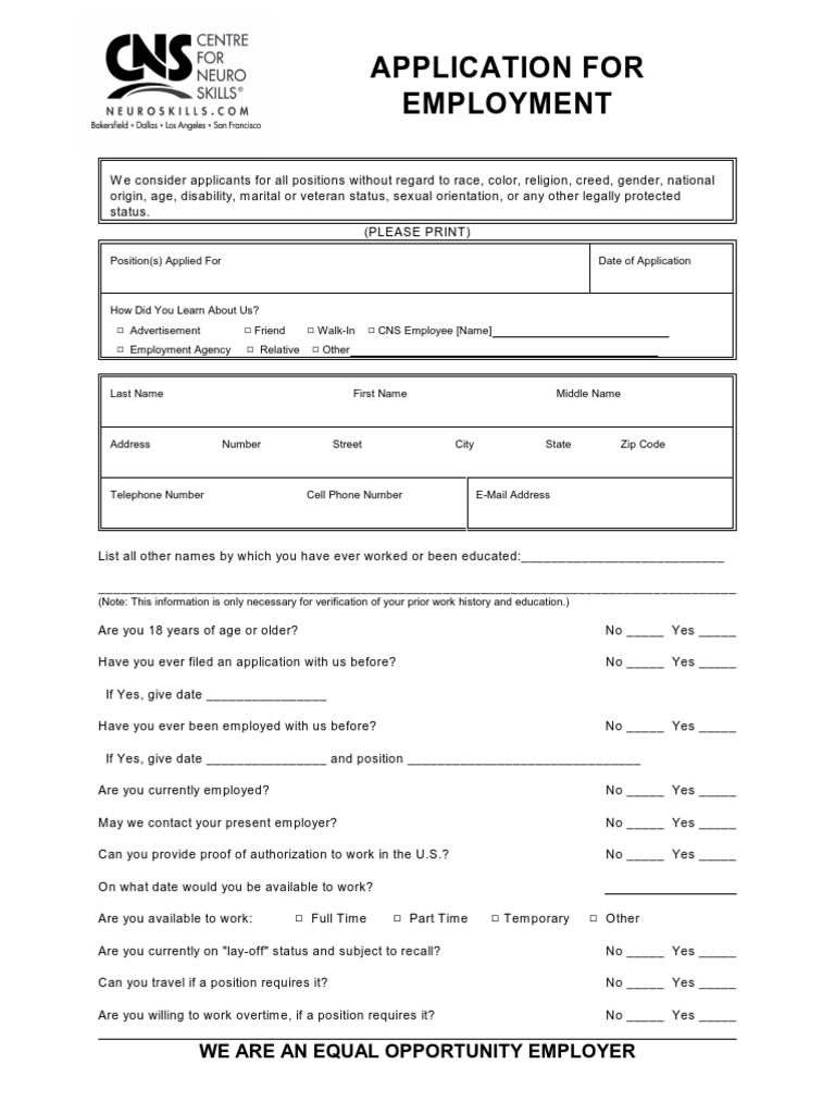 Employment Application Form Template | PDF