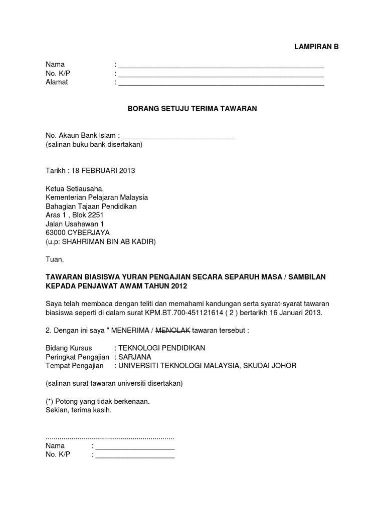 Contoh Borang Setuju Terima Tawaran Pdf