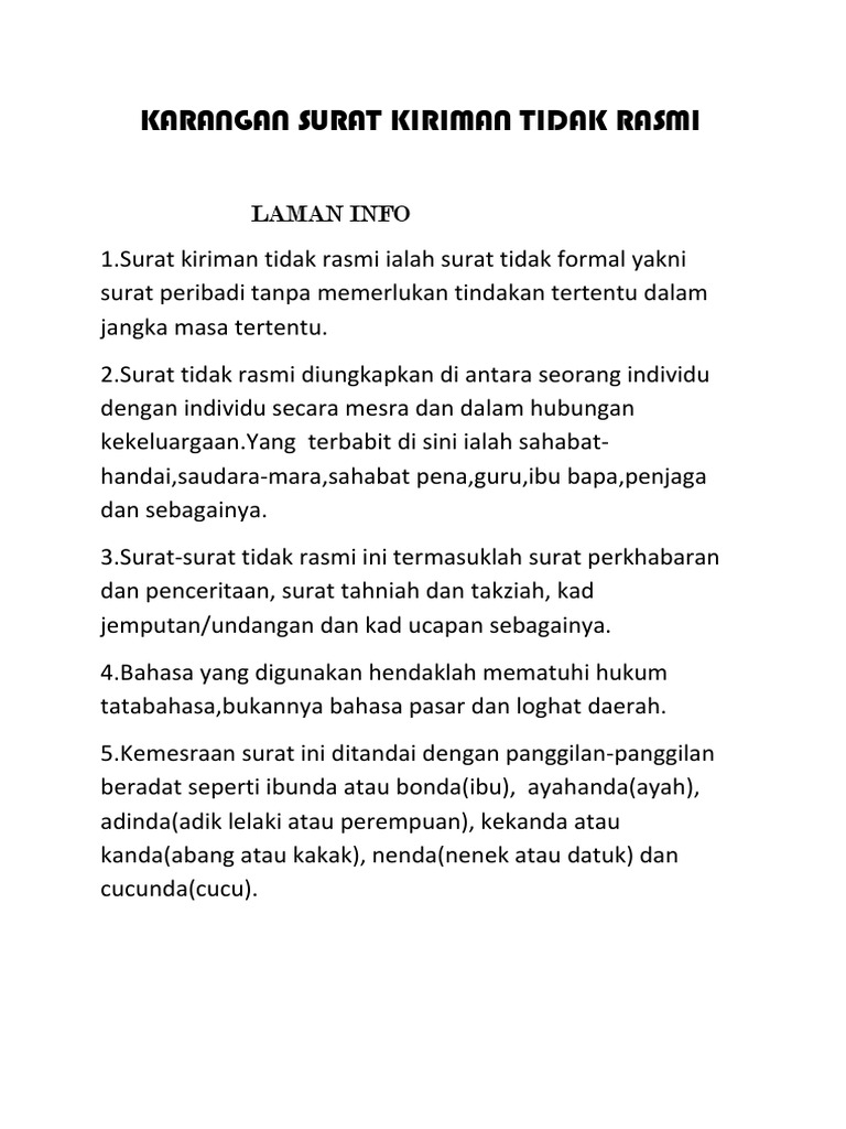 Karangan Surat Kiriman Tidak Rasmi Pdf